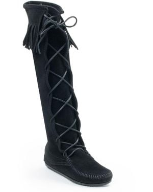 Minnetonka Suede Front Lace Knee High Boots - Black
