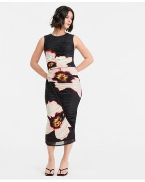 BarIII Plaid Mesh Ruched Bodycon Midi Skirt - White