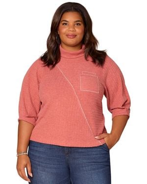 Democracy Plus Size Pleated Elbow Sleeve Mock Neck Knit Top - Red