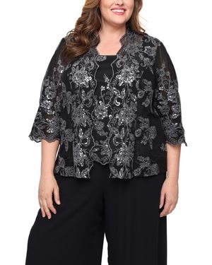 Alex Evenings Plus Size 3/4-sleeve Embroidered Jacket And Tank Twinset - Black