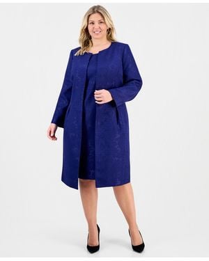 Le Suit Plus Size Floral-jacquard Topper & Sheath Dress Set - Blue