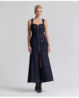 Avec Les Filles Stretch Denim Cargo Zip-front Midi Dress - Blue