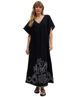 Raffya Candy Tabard Embroidered Hem Midi Dress - Black