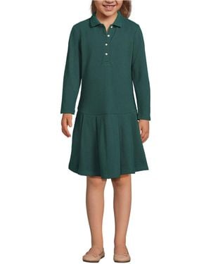 Lands' End School Uniform Girls Long Sleeve Mesh Pleated Polo Dress - Green