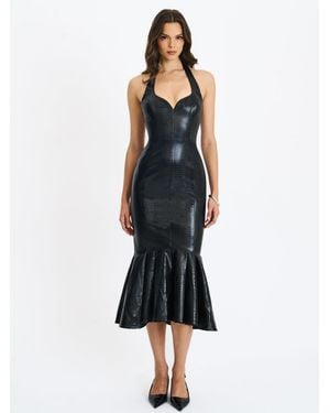 Miss Circle Gardenia Leather Midi Sweetheart Halter Flared Dress - Blue