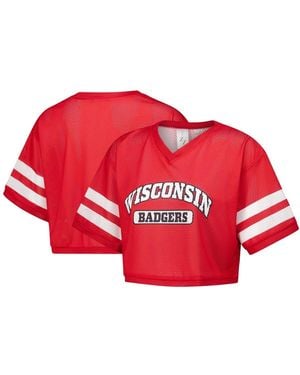 ZooZatZ Wisconsin Badgers Mesh Cropped V-neck T-shirt - Red