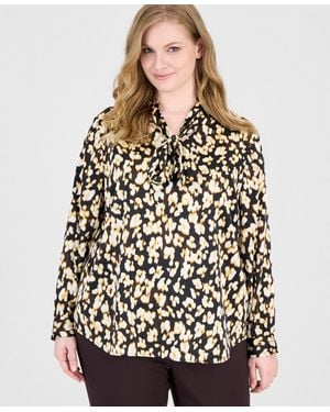 Kasper Plus Size Tie Neck Long-sleeve Animal-print Blouse - Black