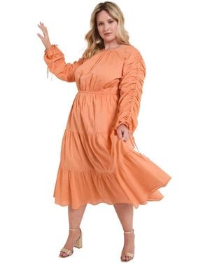 June + Vie June + Vie June + Vie Cotton Voile Ruched Midi Dress - Orange