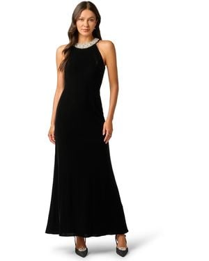 Adrianna Papell Petite Pearly Collar Velvet Sleeveless Halter Gown - Black