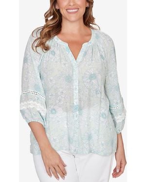Ruby Rd. Plus Size Floral Silky Gauze Peasant Top - Blue