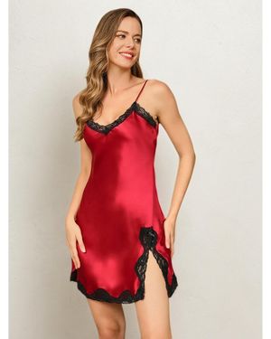 SILKSILKY Pure Silk Lace Trim Split Hem Chemise Nightgown - Red
