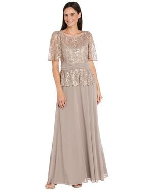 R & M Richards Petite Peplum Lace Detail Maxi Dress - Natural