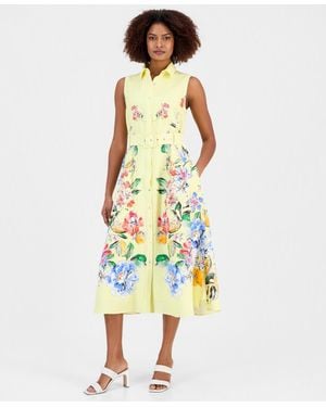 Tahari Sleeveless Belted Shirtdress - Yellow