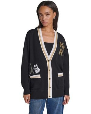 KARL LAGERFELD Varsity Oversized Patch V-neck Cardigan Sweater - Black