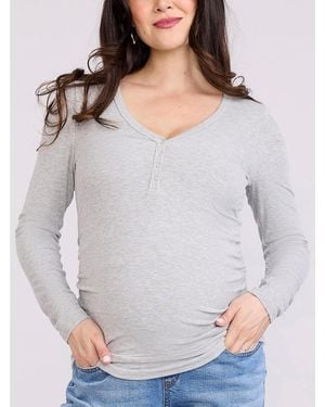 Motherhood Maternity V-neck Side-ruched Long Sleeve Henley Tee - Gray