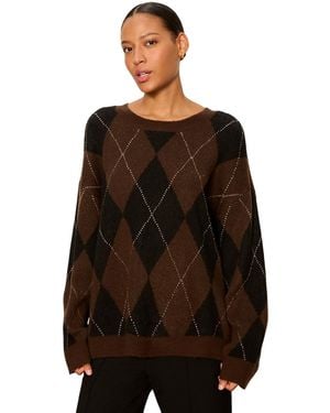 Sanctuary Petite Argyle Oversized Crewneck Pullover Sweater - Brown