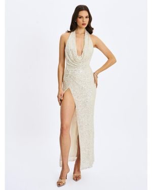 Miss Circle Niamh Golden Beaded Cowl Halter Backless Maxi Dress - White