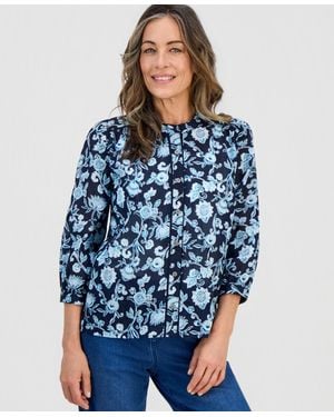 Style & Co. Petite Cotton Printed Band-collar Blouse - Blue