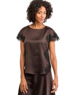 Anne Klein Petite Bateau Neck Lace Trim Short-sleeve Blouse - Brown