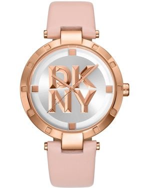 DKNY Essential Logo Leather Strap Watch - Pink