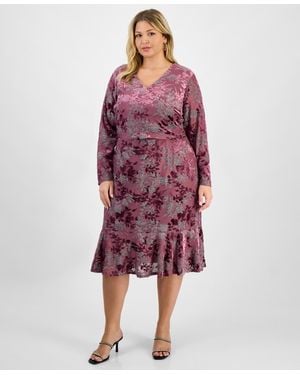 London Times Plus Size Floral Long-sleeve Flounce-hem Midi Dress - Red