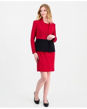 Le Suit Colorblock One-button Peplum Jacket And Dress - Red