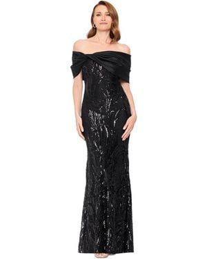 Betsy & Adam Sequin Off-the-shoulder Gown - Black