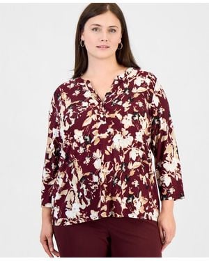 Anne Klein Essentials Plus Size Cap-sleeve Pleat-neck Floral Blouse - Red