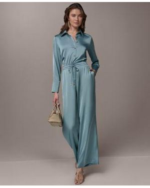Donna Karan Exposed Buttons Collared Blouse Pull On Mid Rise Pants - Blue