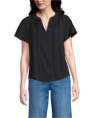 Lands' End Slub Short Sleeve Notch Neck Top - Black