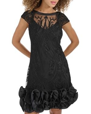 Kensie Embroidered-mesh Ruffled-hem Sheath Dress - Black