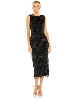 Mac Duggal Sleeveless High Neck Beaded Midi Sheath Dress - Black