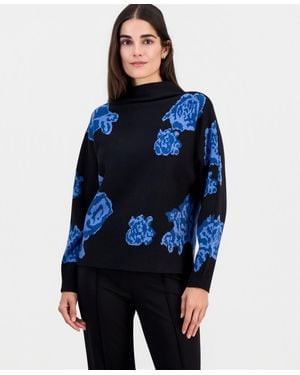 Tahari Floral Jacquard Funnel-neck Dolman-sleeve Sweater - Blue