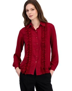 Anne Klein Long-sleeve Button-front Ruffle Blouse - Red