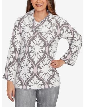 Ruby Rd. Petite Medallion Jacquard Sweater Knit Top - Gray