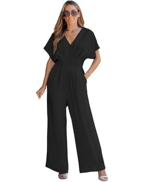 CUPSHE V-neck Short Sleeve Straight Leg Jumpsuit - Black