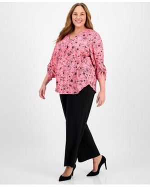 Anne Klein Plus Size Printed Roll Tab Sleeve Tunic Pull On Wide Leg Pants - Pink