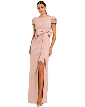 Mac Duggal Beaded Cap Sleeve Crepe Gown With Bow And Slit - White
