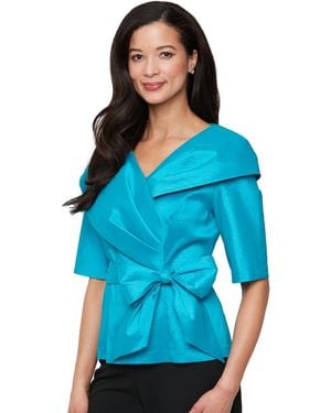 Alex Evenings Petite Bow-trim Short-sleeve Taffeta Blouse - Blue