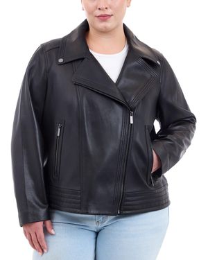 Michael Kors Michael Plus Size Asymmetric Leather Moto Coat - Black