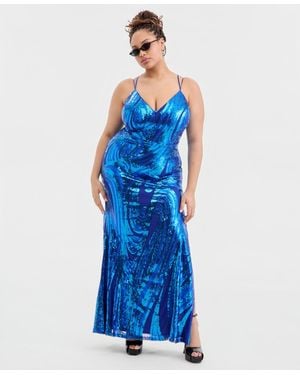 Emerald Sundae Trendy Plus Size Sequined Lace-up-back Gown - Blue