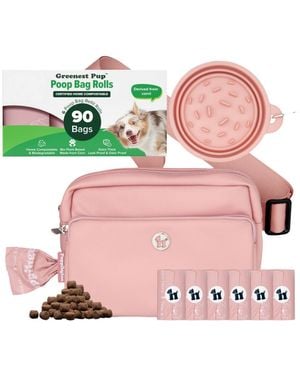 Puppington Walk Star Kit: 3-in-1 Dog Walk Bag & Bowl Plus Matching 90 Refill Dog Poop Bags - Pink