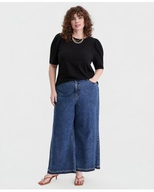 On 34th Trendy Plus Printed Ruched Puff-sleeve Crewneck Top - Blue