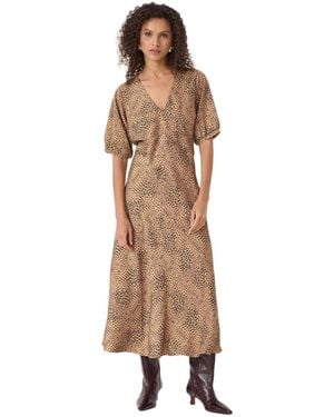 Hush Grace V-neck Puff Sleeve Satin Dress - Natural