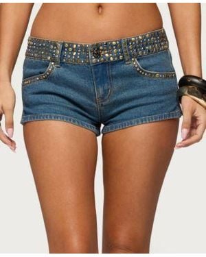 Edikted Studded Low Rise Denim Micro Shorts - Blue