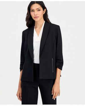 Anne Klein Essentials Petite 3/4-sleeve Open-front Zip-pocket Jacket - Blue