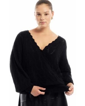 June + Vie June + Vie Plus Size Scallop-trim Wrap Sweater - Black