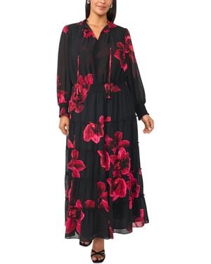 Msk Plus Size Floral Long-sleeve Smocked-waist Maxi Dress - Red