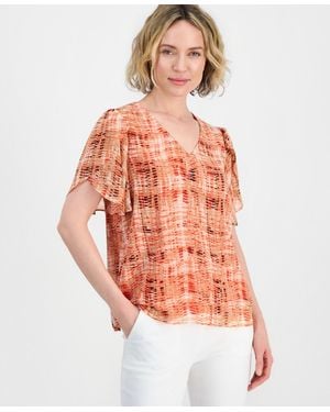 Kasper Plaid Tulip-sleeve Blouse - Orange