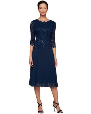 Alex Evenings Sequined Lace Contrast Dress - Blue